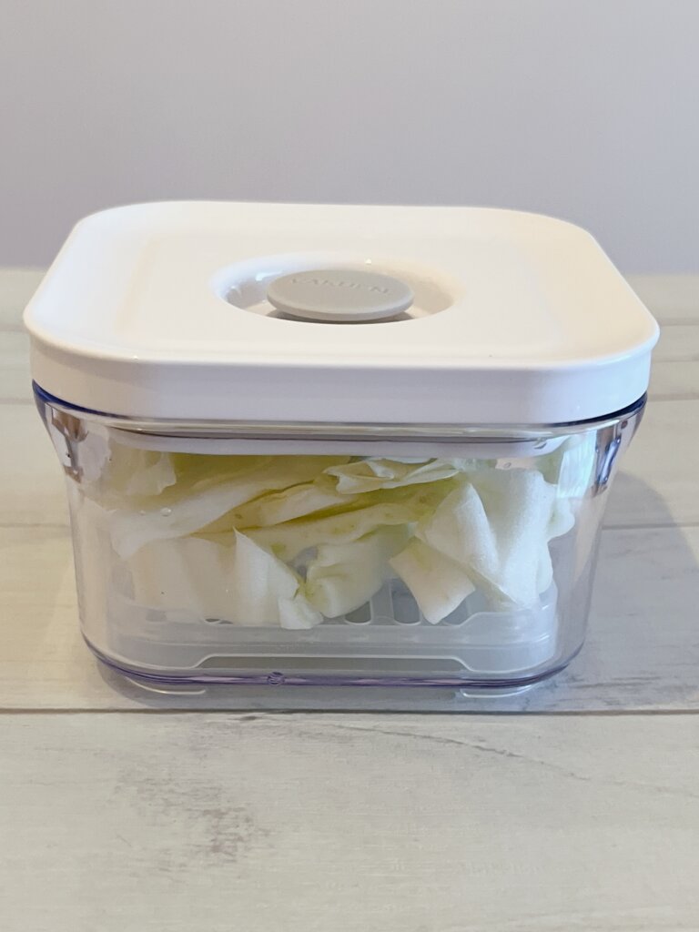 真空保存容器に少量の白菜を入れて保存している様子
