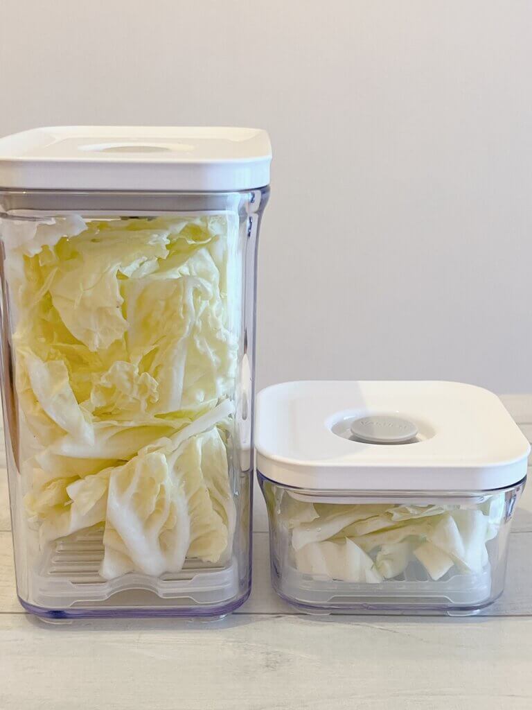 真空保存容器のサイズ違いで白菜を保存している比較
