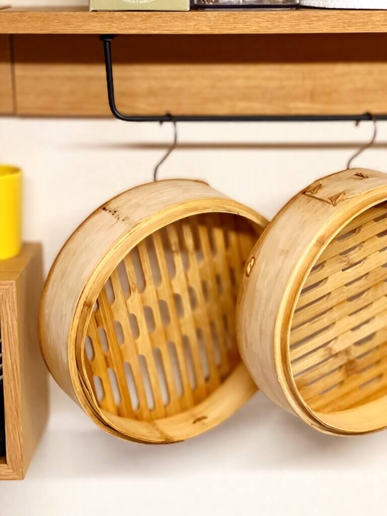 棚の下のフックにかけてせいろを乾燥させている様子