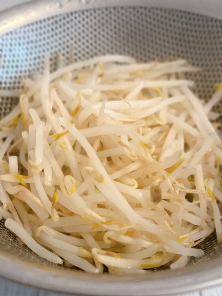 ザルに入れた洗ったもやし